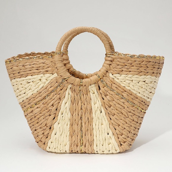 Oversized Black & Tan Mix Tone Maxi Straw Basket Tote - Picture 2 of 8